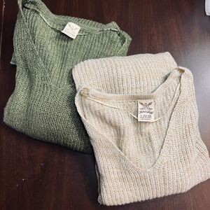 Faded Glory Sweater Bundle -2 Womens Lg V-Neck Rib Knit Green Beige Acrylic VGC